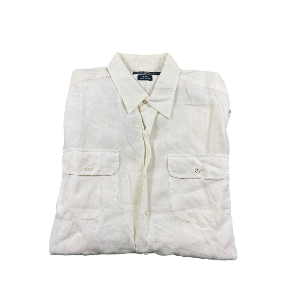 Polo Ralph Lauren VTG Pratt White Pure Linen S/S Dual Pocket Button Front Size L